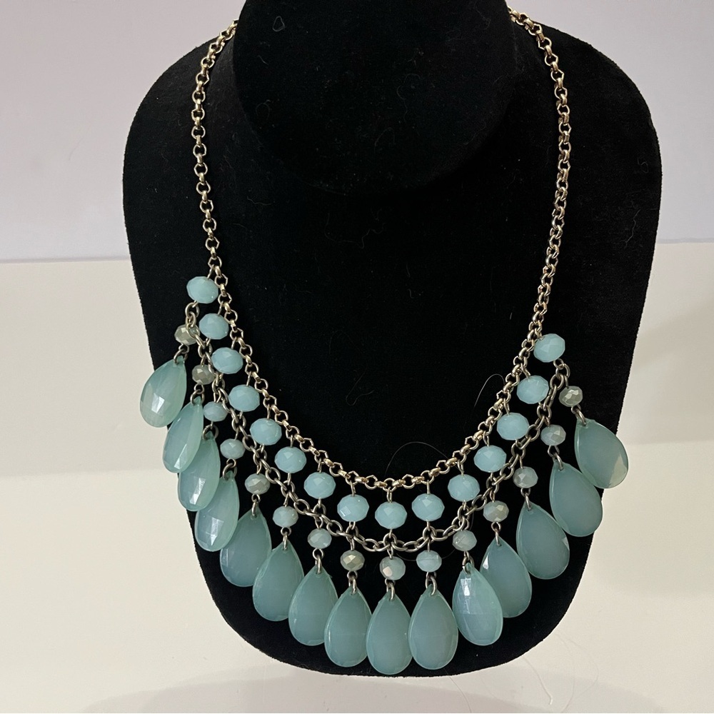 Elegant Aqua Blue Teardrop Statement Necklace Gold Chain Layered Bib Beaded